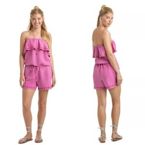 Vineyard Vines Light Magenta Strapless Ruffle Embroidered Linen Blend Romper M